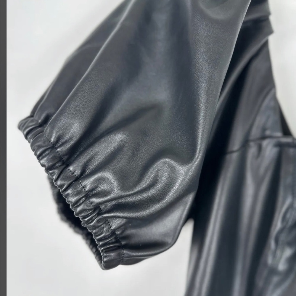 Roxberi Women Black Mini Dress M Vegan Faux Leather Puff Sleeves NEW - Picture 7 of 7